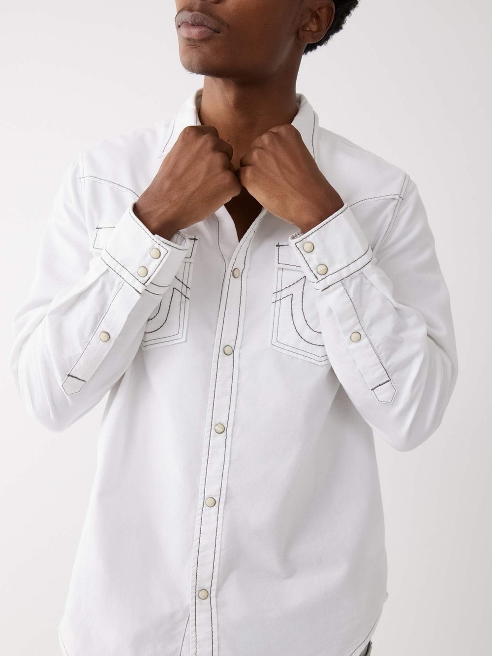 True Religion Big T Western Pearl Snap Shirt White Contrast Stitch 3XL